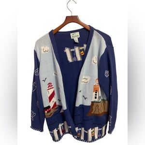 Vintage Quacker Factory Sz 1x Cardigan Button Down Sweater Lighthouse 90s